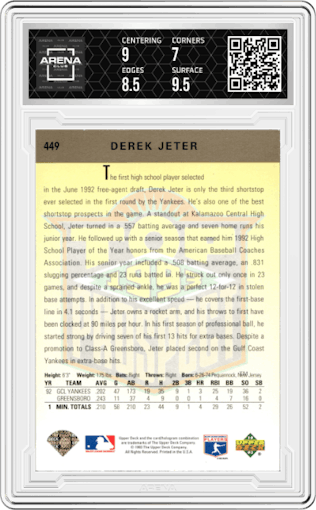 Derek Jeter from the 1993 Upper Deck set featuring a Gold Hologram parallel graded by Arena Club and given an overall grade of 7.5.