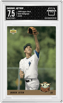 Derek Jeter from the 1993 Upper Deck set featuring a Gold Hologram parallel graded by Arena Club and given an overall grade of 7.5.