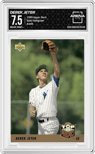 Derek Jeter from the 1993 Upper Deck set featuring a Gold Hologram parallel graded by Arena Club and given an overall grade of 7.5.