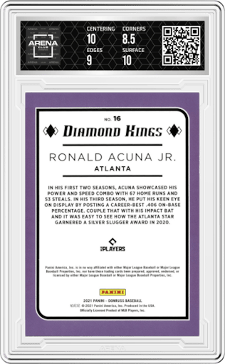 Ronald Acuna Jr. from the 2021 Panini Donruss set featuring a Red parallel graded by Arena Club and given an overall grade of 9.