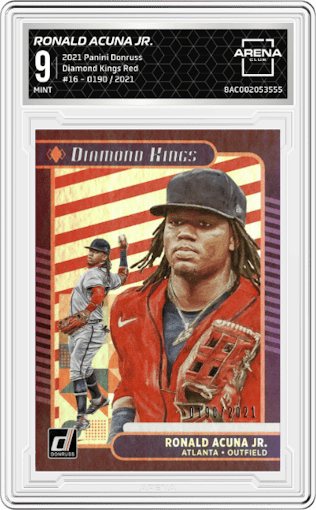 Ronald Acuna Jr. from the 2021 Panini Donruss set featuring a Red parallel graded by Arena Club and given an overall grade of 9.