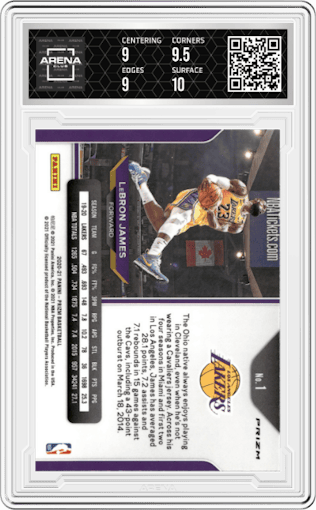 LeBron James from the 2020-21 Panini Prizm set featuring a Ruby Wave parallel graded by Arena Club and given an overall grade of 9.5.