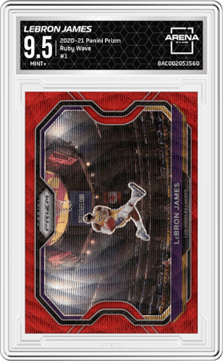 LeBron James from the 2020-21 Panini Prizm set featuring a Ruby Wave parallel graded by Arena Club and given an overall grade of 9.5.