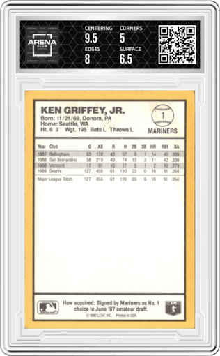 Ken Griffey Jr.  from the 1990 Donruss Best of the American League set graded by Arena Club and given an overall grade of 5.5.