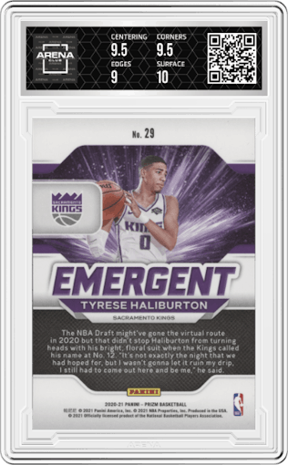 Tyrese Haliburton from the 2020-21 Panini Prizm set graded by Arena Club and given an overall grade of 9.5.