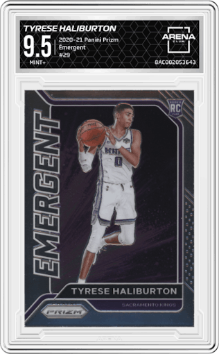 Tyrese Haliburton from the 2020-21 Panini Prizm set graded by Arena Club and given an overall grade of 9.5.