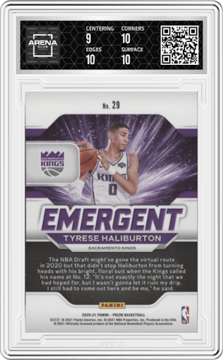 Tyrese Haliburton from the 2020-21 Panini Prizm set graded by Arena Club and given an overall grade of 9.5.