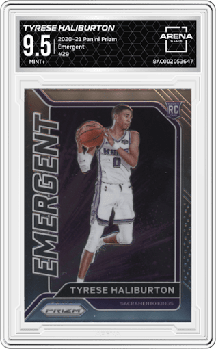 Tyrese Haliburton from the 2020-21 Panini Prizm set graded by Arena Club and given an overall grade of 9.5.