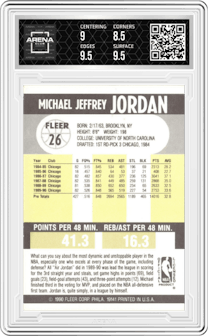 Michael Jordan from the 1990-91 Fleer set graded by Arena Club and given an overall grade of 9.