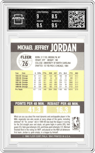 Michael Jordan from the 1990-91 Fleer set graded by Arena Club and given an overall grade of 9.