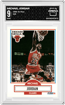 Michael Jordan from the 1990-91 Fleer set graded by Arena Club and given an overall grade of 9.
