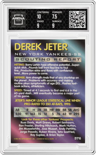 Derek Jeter from the 1994 Bowman  set graded by Arena Club and given an overall grade of 8.