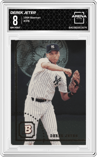 Derek Jeter from the 1994 Bowman  set graded by Arena Club and given an overall grade of 8.