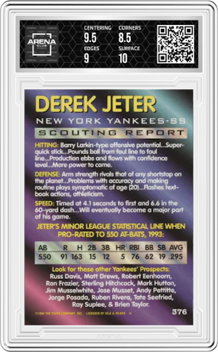 Derek Jeter from the 1994 Bowman  set graded by Arena Club and given an overall grade of 9.
