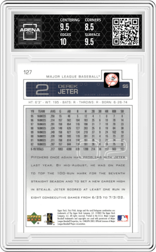 Derek Jeter from the 2003 Upper Deck First Pitch set graded by Arena Club and given an overall grade of 9.