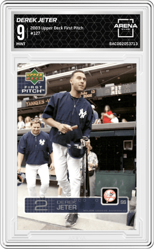 Derek Jeter from the 2003 Upper Deck First Pitch set graded by Arena Club and given an overall grade of 9.