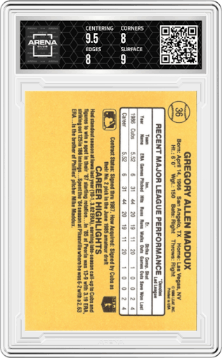 Greg Maddux from the 1987 Donruss set featuring a Variation parallel graded by Arena Club and given an overall grade of 8.5.
