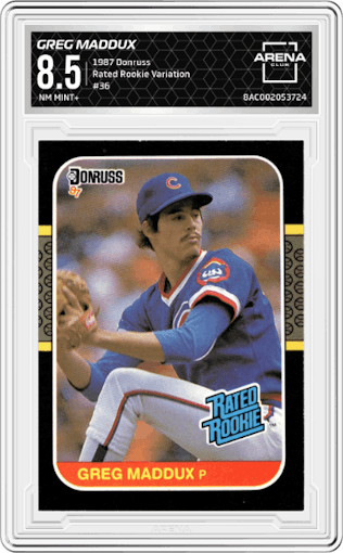 Greg Maddux from the 1987 Donruss set featuring a Variation parallel graded by Arena Club and given an overall grade of 8.5.