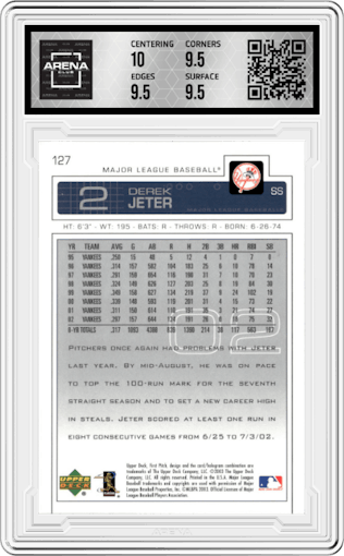 Derek Jeter from the 2003 Upper Deck First Pitch set graded by Arena Club and given an overall grade of 10.