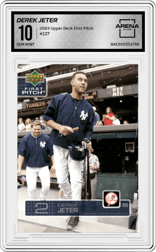 Derek Jeter from the 2003 Upper Deck First Pitch set graded by Arena Club and given an overall grade of 10.