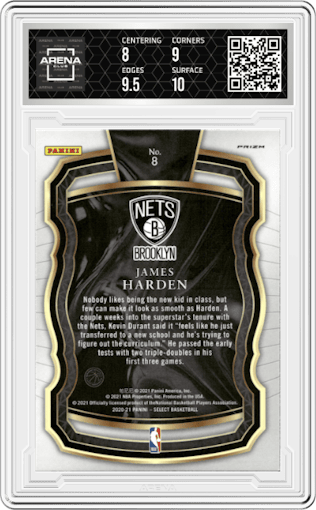 James Harden from the 2020-21 Panini Select  set featuring a Blue parallel graded by Arena Club and given an overall grade of 8.5.