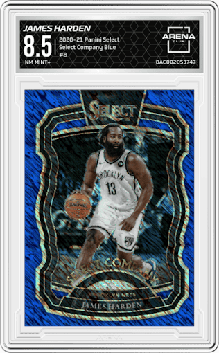 James Harden from the 2020-21 Panini Select  set featuring a Blue parallel graded by Arena Club and given an overall grade of 8.5.