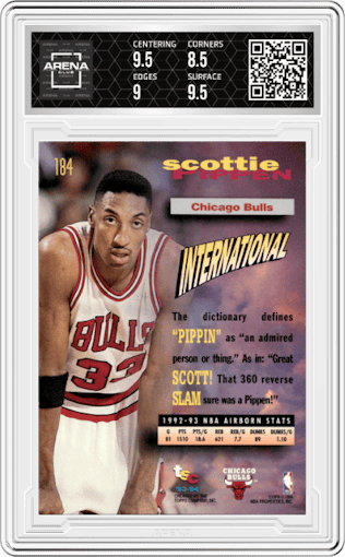 Scottie Pippen from the 1993-94 Topps Stadium Club set featuring a Members Only parallel graded by Arena Club and given an overall grade of 9.