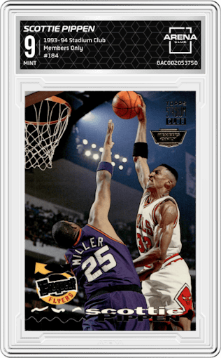 Scottie Pippen from the 1993-94 Topps Stadium Club set featuring a Members Only parallel graded by Arena Club and given an overall grade of 9.