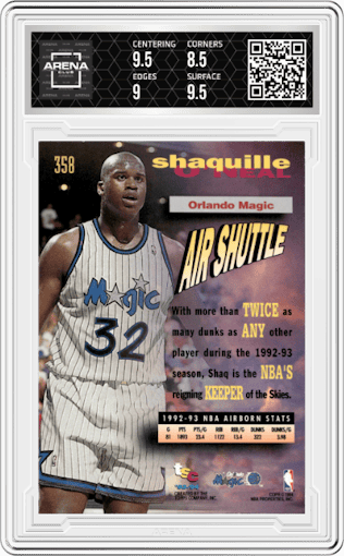 Shaquille O'Neal from the 1993-94 Topps Stadium Club set featuring a Members Only parallel graded by Arena Club and given an overall grade of 9.