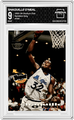 Shaquille O'Neal from the 1993-94 Topps Stadium Club set featuring a Members Only parallel graded by Arena Club and given an overall grade of 9.