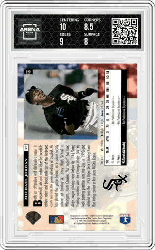 Michael Jordan from the 1994 Upper Deck set graded by Arena Club and given an overall grade of 8.5.