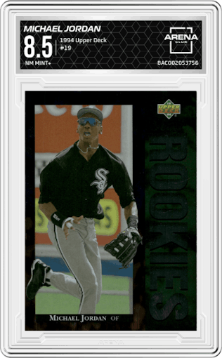 Michael Jordan from the 1994 Upper Deck set graded by Arena Club and given an overall grade of 8.5.