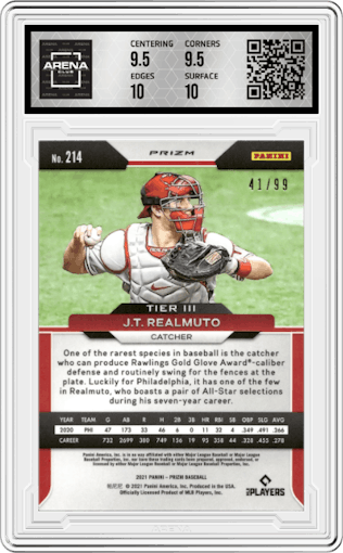 J.T. Realmuto from the 2021 Panini Prizm set featuring a  Red Wave parallel graded by Arena Club and given an overall grade of 10.