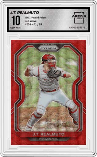 J.T. Realmuto from the 2021 Panini Prizm set featuring a  Red Wave parallel graded by Arena Club and given an overall grade of 10.