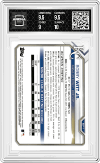 Bobby Witt Jr. from the 2021 Bowman Mega Box set graded by Arena Club and given an overall grade of 9.5.