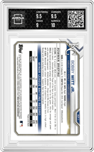 Bobby Witt Jr. from the 2021 Bowman Mega Box set graded by Arena Club and given an overall grade of 9.5.