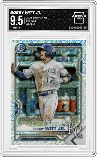 Bobby Witt Jr. from the 2021 Bowman Mega Box set graded by Arena Club and given an overall grade of 9.5.