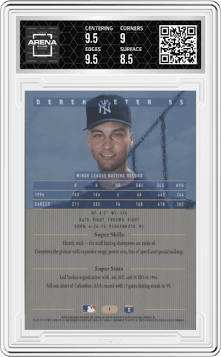 Derek Jeter from the 1995 Bowman’s Best set graded by Arena Club and given an overall grade of 9.