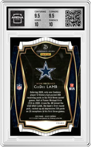 CeeDee Lamb from the 2020 Panini Select set featuring a Die-Cut Purple parallel graded by Arena Club and given an overall grade of 10.