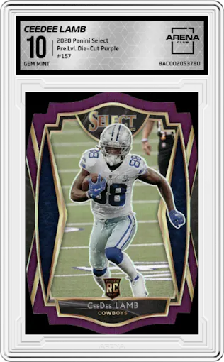 CeeDee Lamb from the 2020 Panini Select set featuring a Die-Cut Purple parallel graded by Arena Club and given an overall grade of 10.