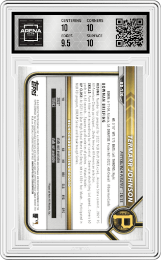 Termarr Johnson from the 2022 Bowman Draft set graded by Arena Club and given an overall grade of 10.