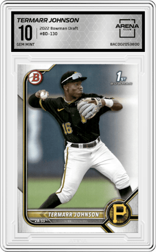 Termarr Johnson from the 2022 Bowman Draft set graded by Arena Club and given an overall grade of 10.