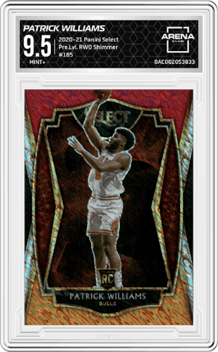Patrick Williams from the 2020-21 Panini Select  set featuring a Red/White/Orange Shimmer parallel graded by Arena Club and given an overall grade of 9.5.