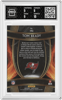 Tom Brady from the 2020 Panini Select set graded by Arena Club and given an overall grade of 9.5.
