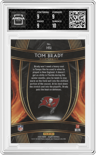 Tom Brady from the 2020 Panini Select set graded by Arena Club and given an overall grade of 9.5.