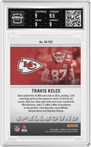 Travis Kelce from the 2023 Panini Donruss Elite set featuring a Green parallel graded by Arena Club and given an overall grade of 9.