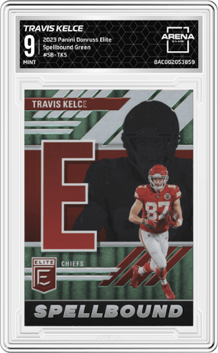 Travis Kelce from the 2023 Panini Donruss Elite set featuring a Green parallel graded by Arena Club and given an overall grade of 9.