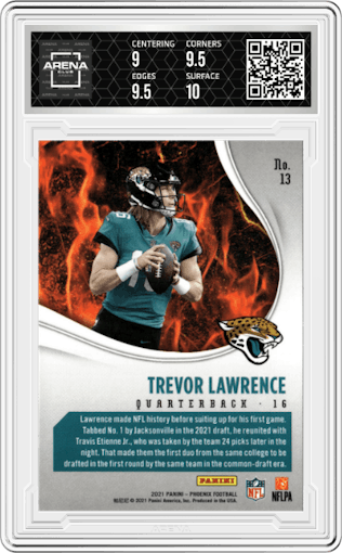 Trevor Lawrence from the 2021 Panini Phoenix set graded by Arena Club and given an overall grade of 9.5.