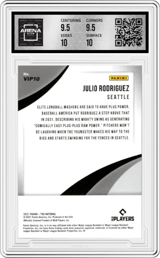 Julio Rodriguez from the 2021 Panini The National VIP set graded by Arena Club and given an overall grade of 10.