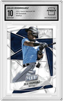 Julio Rodriguez from the 2021 Panini The National VIP set graded by Arena Club and given an overall grade of 10.